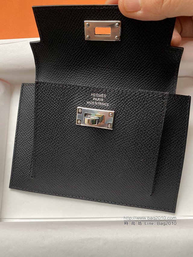 Hermes卡包 愛馬仕原版Kelly Pocket Epsom皮 Hermes新款小錢包 黑銀  tdh2169